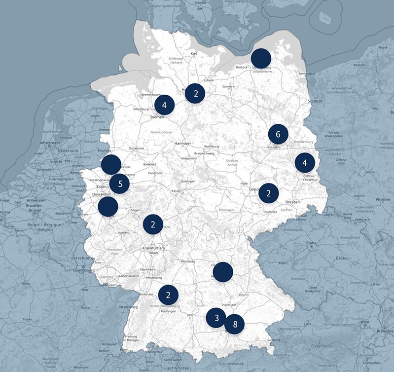 Deutschlandkarte mit Eintragungen an verschiedenen Orten