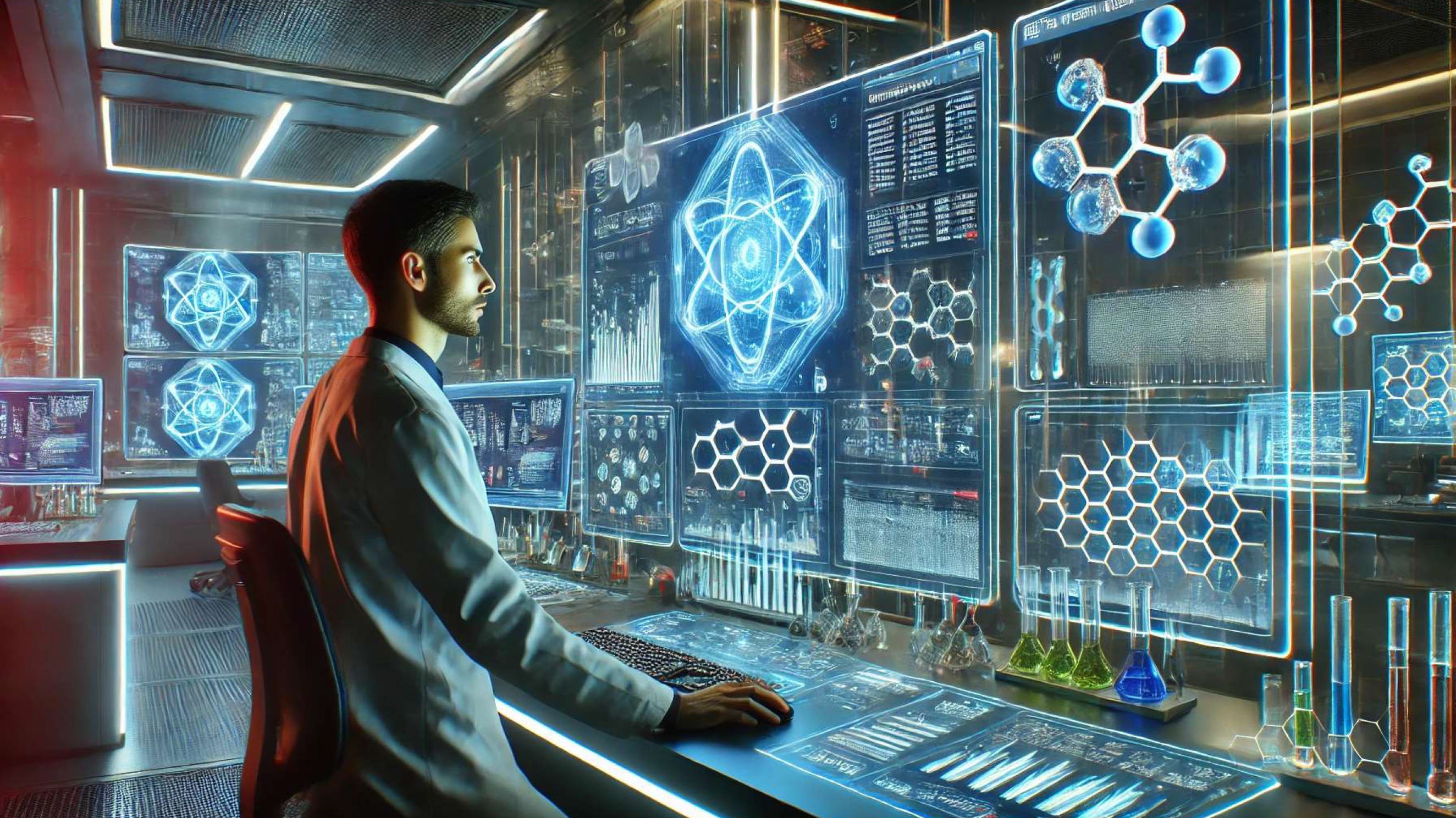 AI-generiertes Symbolbild von einem Forschenden vor einem futuristischen Computer 