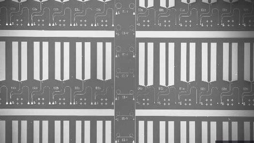 Mikroskopische Aufnahme eines nanophotonischen Chips mit Wellenleitern