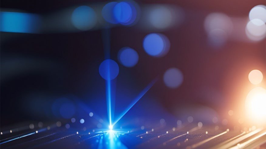 Ein blauer Laserstrahl trifft auf eine strukturierte Oberfläche