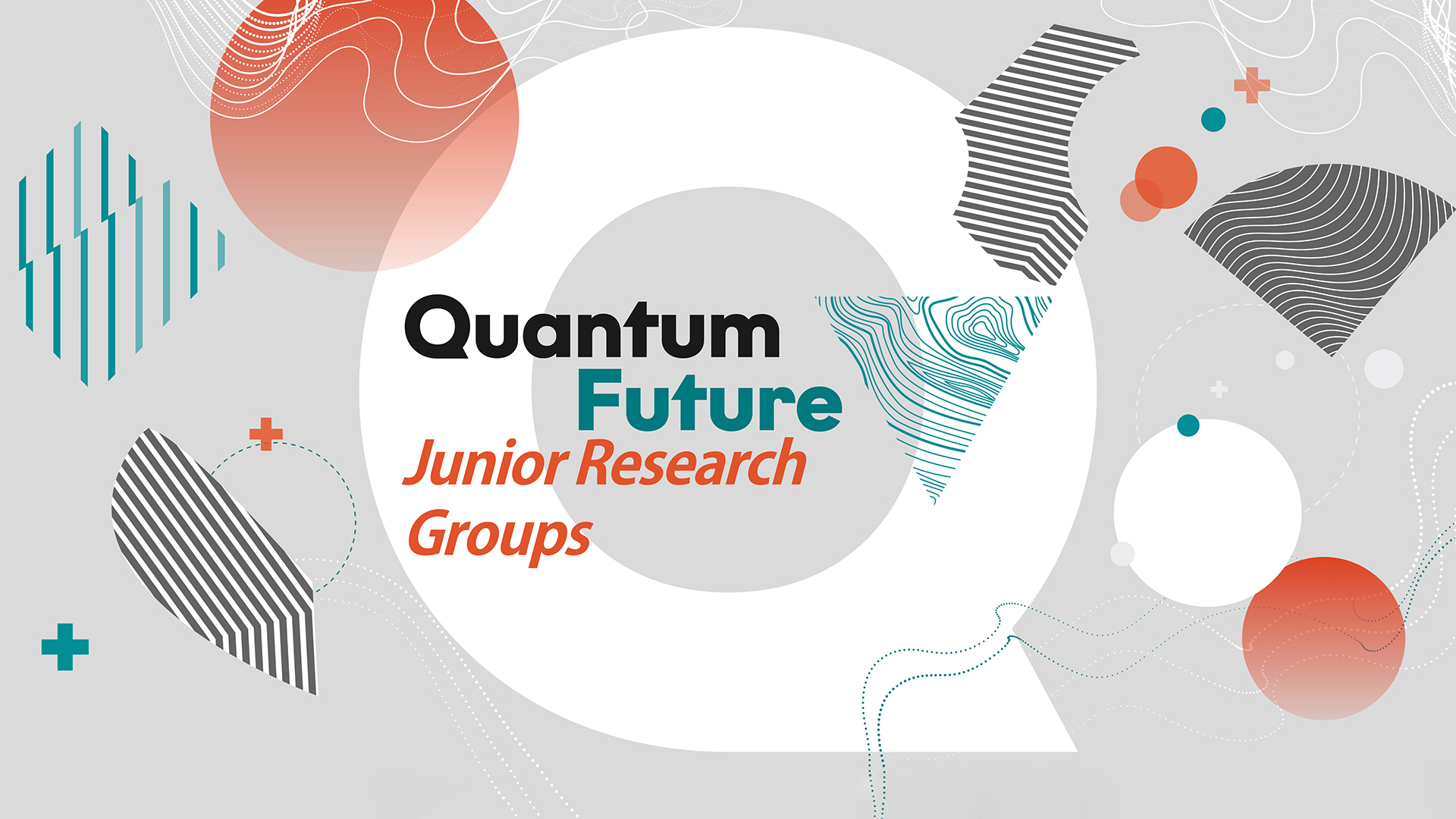 Grafische Collage: Schriftzug "Quantum Future Junior Research Groups". Im Hintergrund ein großes weißes Q und verschiedene abstrakte Elemente in grau, orange und türkis.
