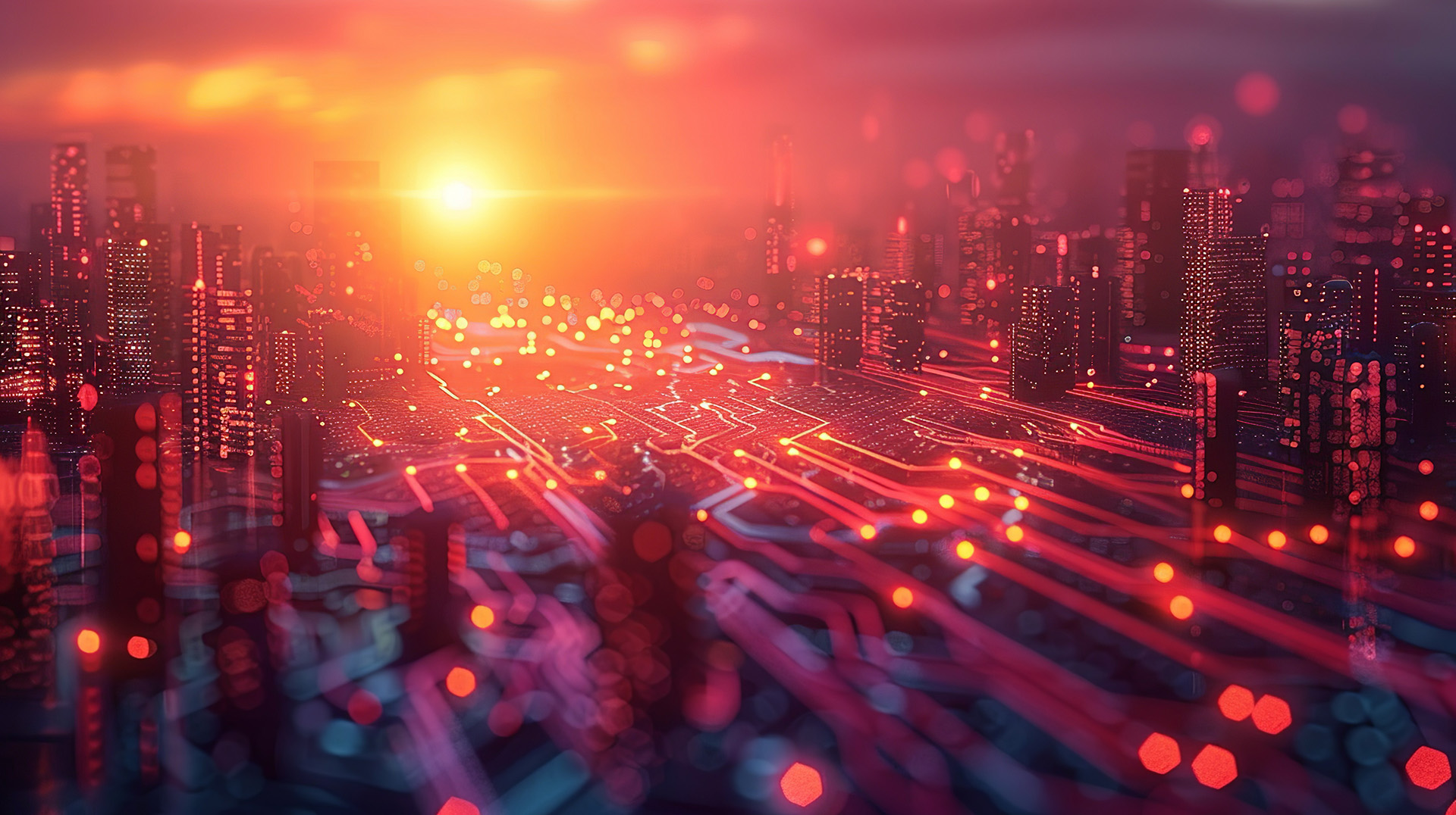 Eine Stadt mit Hochhäusern. Der Boden ähnelt einem Computerchip, der die Häuser miteinander verbindet.
